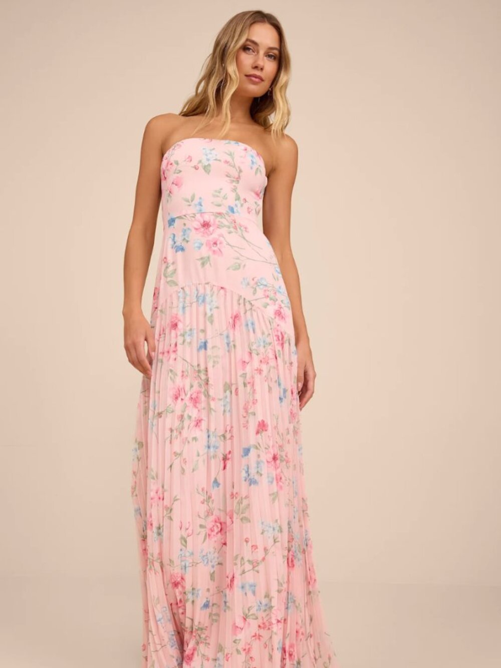 NWT Large L Celebratory Pink Floral Pleated Strapless Maxi Dress Wedding Formal